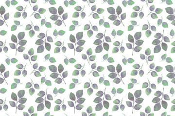 A repeat pattern of green and violet watercolor decorative leaves, hand drawn pattern
