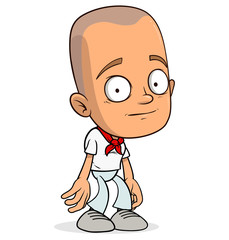 Cartoon funny sad bald cook boy character in white uniform with red tie. Layered vector for animations. Isolated on white background. Vector icon.