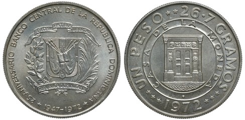 Dominican Republic silver coin 1 one peso 1972, subject 25th Anniversary of Central Bank, arms, shield with book in front of crossed flags flanked by sprigs, door of the mint building within central c
