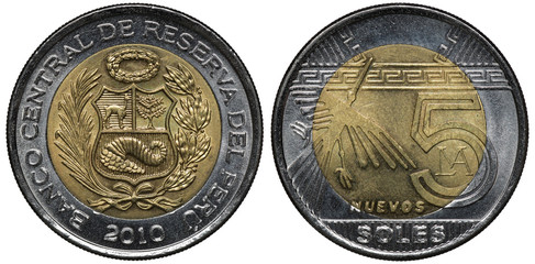Peru Peruvian bimetallic coin 5 five soles 2010, subject Nazca desert geoglyphs, arms, shield with...