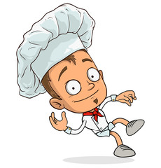 Cartoon funny falling chef cook boy character in uniform and hat. Layered vector for animations. Isolated on white background. Vector icon.