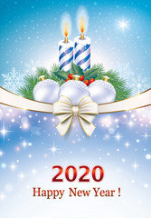 2020 Merry Christmas background with candles and balls on glowing background with ribbon and bow