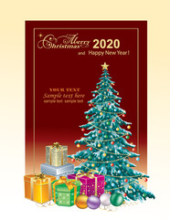 2020 Merry Christmas and Happy New Year greeting card with Christmas tree and gift boxes on  background board with place text. 