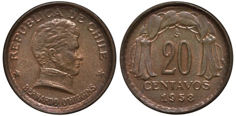Chile Chilean coin 20 twenty centavos 1953, uniformed bust of Chilean independence leader Bernardo...
