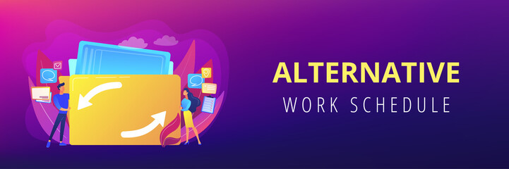 Delegating duties and responsibilities to colleagues. Job sharing, alternative work schedule, collaborative employment, division of a job concept. Header or footer banner template with copy space.