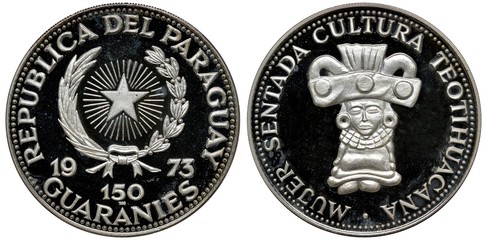 Paraguay Paraguayan silver coin 150 one hundred and fifty guaranies 1973, subject Teotihuacana culture, radiant star within wreath divides date, denomination below, figurine of Indian priest (?),