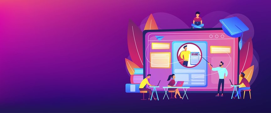 Marketing students create corporate identity. Personal branding course, strategic self-marketing education, personal branding online courses concept. Header or footer banner template with copy space.