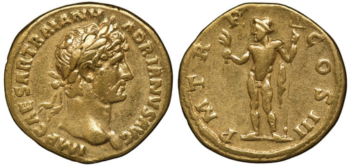 Roman Empire golden coin aureus 119-122 AD, laureate head of Emperor Trajan right, standing Neptune...