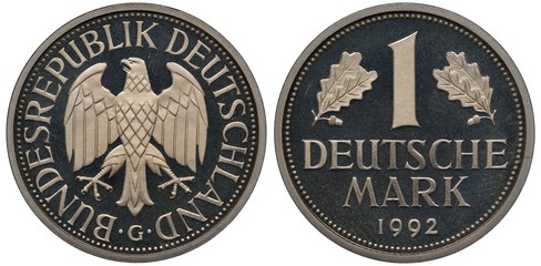 Germany German coin 1 one mark 1982, eagle surrounded by country name, denomination flanked by oak leaves, date below, - obrazy, fototapety, plakaty