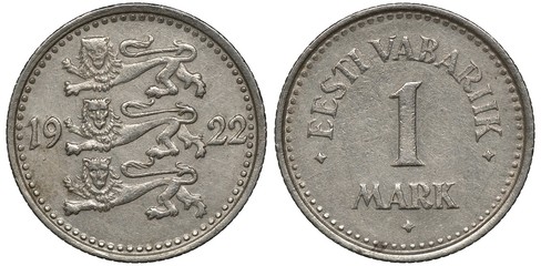 Estonia Estonian coin 1 one mark 1922, three lions divide date, country name and denomination,