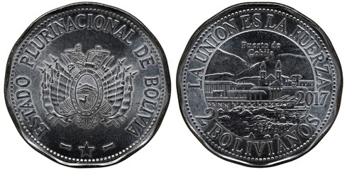 Bolivia Bolivian coin 2 two bolivianos 2017, subject Port of Cobija, arms, shield with designs in front of crossed flags and weapons, view on port