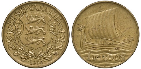 Estonia Estonian coin 1 one kroon 1934, shield with three lions above crossed oak sprigs, old...