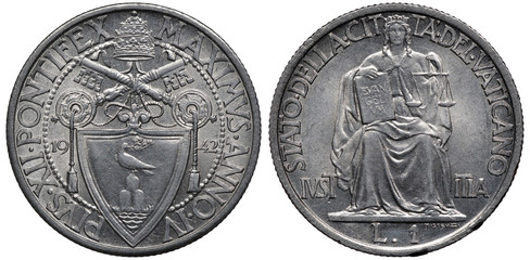 Vatican City coin 1 one lira 1942, ruler Pope Pius XII, crossed keys above shield with dove, tiara on top, sitting Justice holding book and scales, denomination below, 