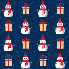 Obraz na płótnie Canvas Christmas presents and snowmen. Seamless vector illustration with gift boxes and bows, funny snowmen