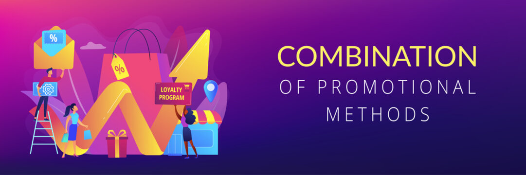 Rewards program. Marketing strategy. Retail promotion. Promotional mix, combination of promotional methods, best promotional tools concept. Header or footer banner template with copy space.