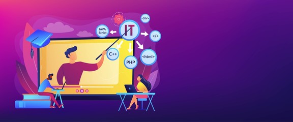 Teaching students online. Internet learning. Computer programming. Online IT courses, best online IT training, online certification courses concept. Header or footer banner template with copy space..