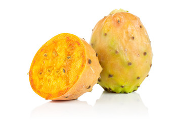 Group of one whole one half of fresh orange opuntia isolated on white background