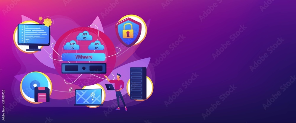 Poster virtual machines. operating system and data storage. virtualization technology, process virtual repr