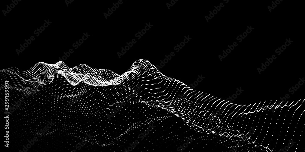 Wall mural abstract background wave grid from dots on black. technology concept. vector illustration.