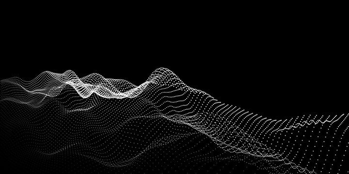 Abstract background wave grid from dots on black. Technology concept. Vector illustration.