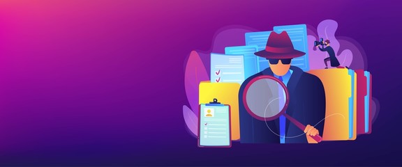 Secret agent searching clues and spying investigating case. Private investigation, private detective agency, private investigator services concept. Header or footer banner template with copy space.