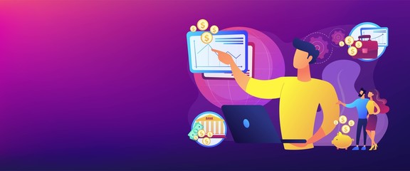 Finance analyst. Business strategy and budget planning. Financial adviser, top investment advisors, financial advisory services concept. Header or footer banner template with copy space.