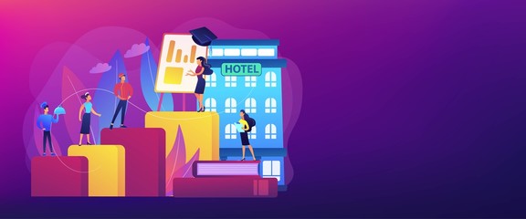 Hostel employee, chef, maid, and bell boy education. Hospitality courses, hospitality staff training, hotels industry training program concept. Header or footer banner template with copy space. - obrazy, fototapety, plakaty