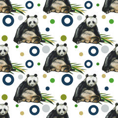 Hand drawn watercolor pattern with panda, bamboo leaves. Seamless patterns