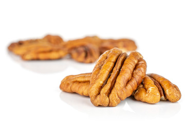 Lot of whole dry brown pecan nut isolated on white background
