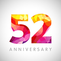 52 nd anniversary numbers. 52 years old yellow coloured logotype. Age congrats, congratulation 3D idea. Isolated abstract graphic design template. Creative 2, 5 digits. Up to 52% percent off discount.