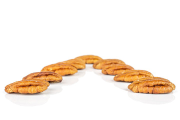 Group of nine whole dry brown pecan nut isolated on white background