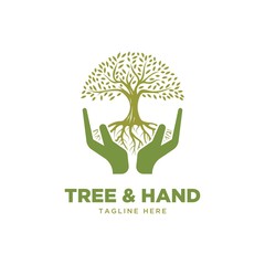 Obraz premium Tree and hand symbol logo design vector template
