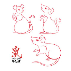 Set of three mouse, rat and elements for Chinese New Year 2020. Element for design. Chinese hieroglyph translate "Year of the rat". Vector illustration