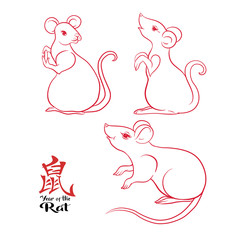 Set of three mouse, rat and elements for Chinese New Year 2020. Element for design. Chinese hieroglyph translate 