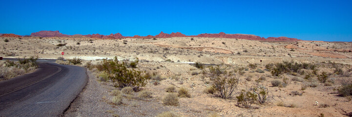 Fototapeta na wymiar Panoramic view of the red rocks of Valley of Fire State Park from Lake Mead NRA