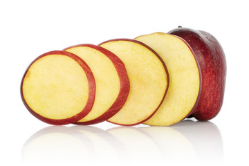 Group of one whole four slices of fresh apple red delicious isolated on white background