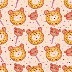 Fototapeta premium watercolor illustration, Seamless pattern, sweet day, cute sweets donuts with Teddy bear with yellow icing and Lollipop Teddy bear illustration for printing, postcards, posters and so on