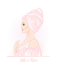 Beautiful woman 30-39 or 40-49 woman with a towel on her head. Hand drawn portrait, vector line art illustration in pink colors.