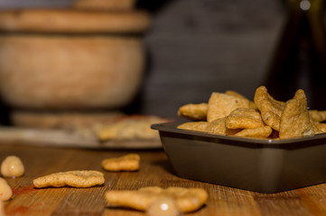 Photography of some chickpea chips with olive oil and paprika.