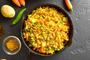 Vegetarian pilaf in frying pan