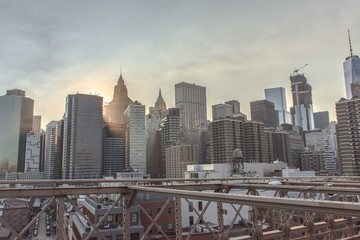View of New York city from Brooklyn Bridge at dawn, nobody ,background.