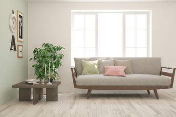 Stylish room in white color with wooden sofa. Scandinavian interior design. 3D illustration