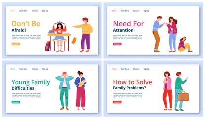 Obraz na płótnie Canvas Trouble relationship landing page vector template set. Young families difficulties website interface idea with flat illustrations. Solving problems homepage layout, webpage cartoon concept