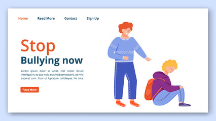 Stop bullying now landing page vector template. Trouble relationship website interface idea with flat illustrations. Making fun of classmate homepage layout, web banner, webpage cartoon concept
