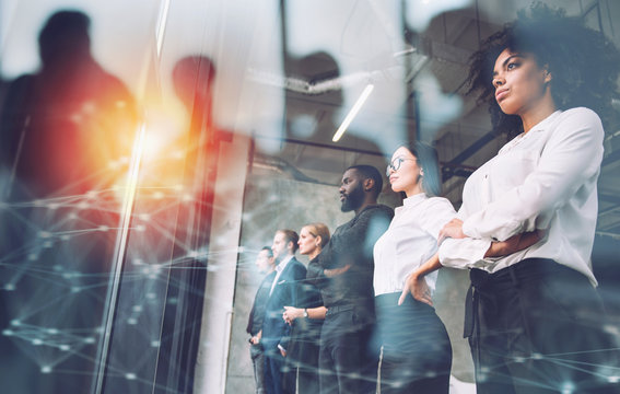 Business People In Front Of Window Look Far. Future Vision, Teamwork Startup An Partnership Concept. Double Exposure