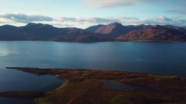aerial footage of loch linnhe shot from duror on the west coast of scotland in the argyll region of the highlands of scotland showing corran ferry straight and shuna and lismore islands