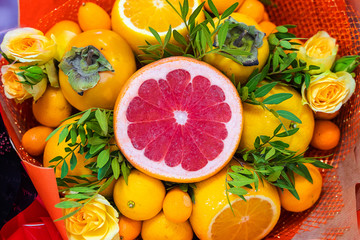 Bright beautiful stew of fruits and flowers close-up