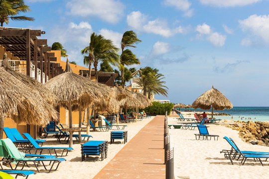 Beautiful view of sandy beach on coast line of Atlantic ocean.  White sand and blue sun beds on turquoise water and blue sky with white clouds background.Aruba. Eagle Beach.