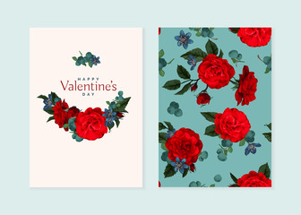 Valentine's day greeting card templates with realistic of beautiful rose. Seamless pattern with red rose and wildflower included.