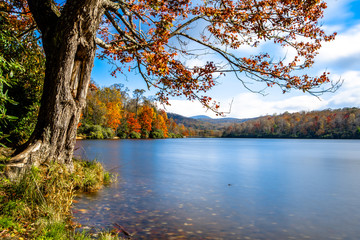 Scenic landscape view of Price Lake, Blue Ridge Parkway in fall season